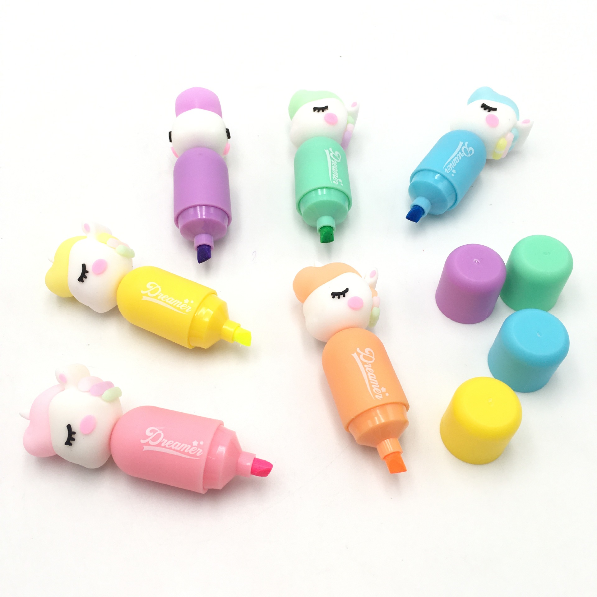 萌宠卡通梦幻独角兽小马硅胶头6色荧光笔涂鸦记号标重点字画笔