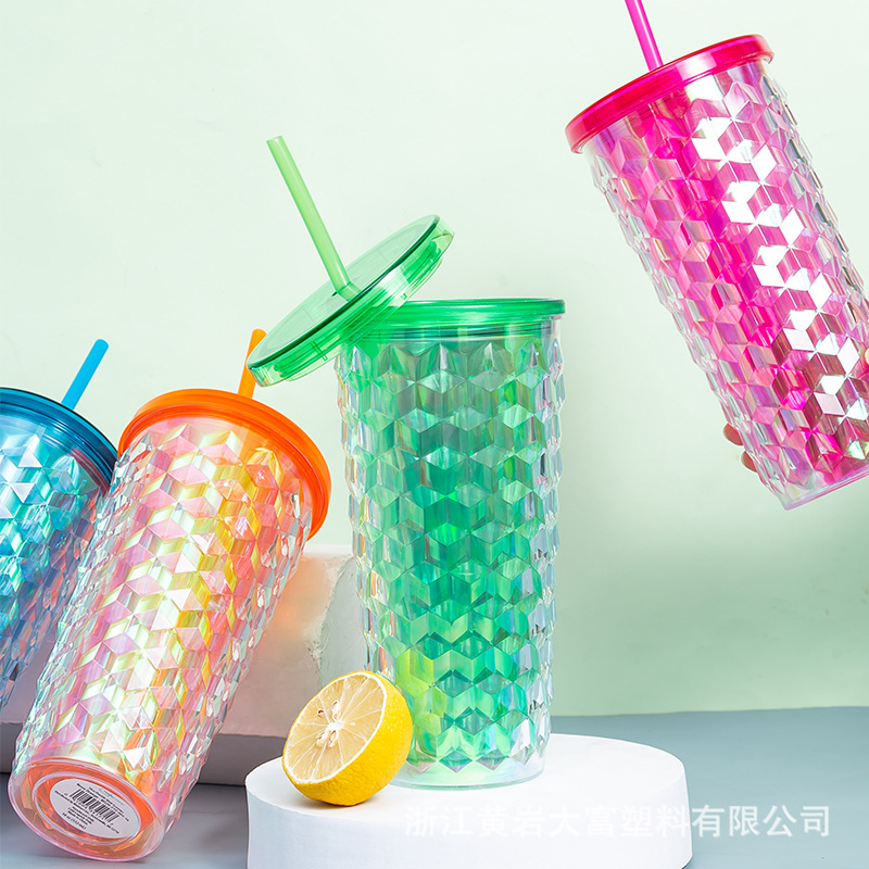 Europe and America Creative Diamond Cup with Straw Colorful Little Girl Dad Cup Delivery Cross-Border Summer Double-Layer Plastic Cups