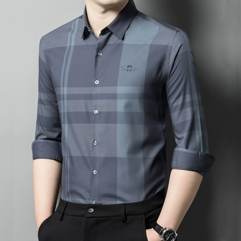 新款男士格子长袖衬衫中年休闲春秋季商务衬衣高级感高档男装上衣