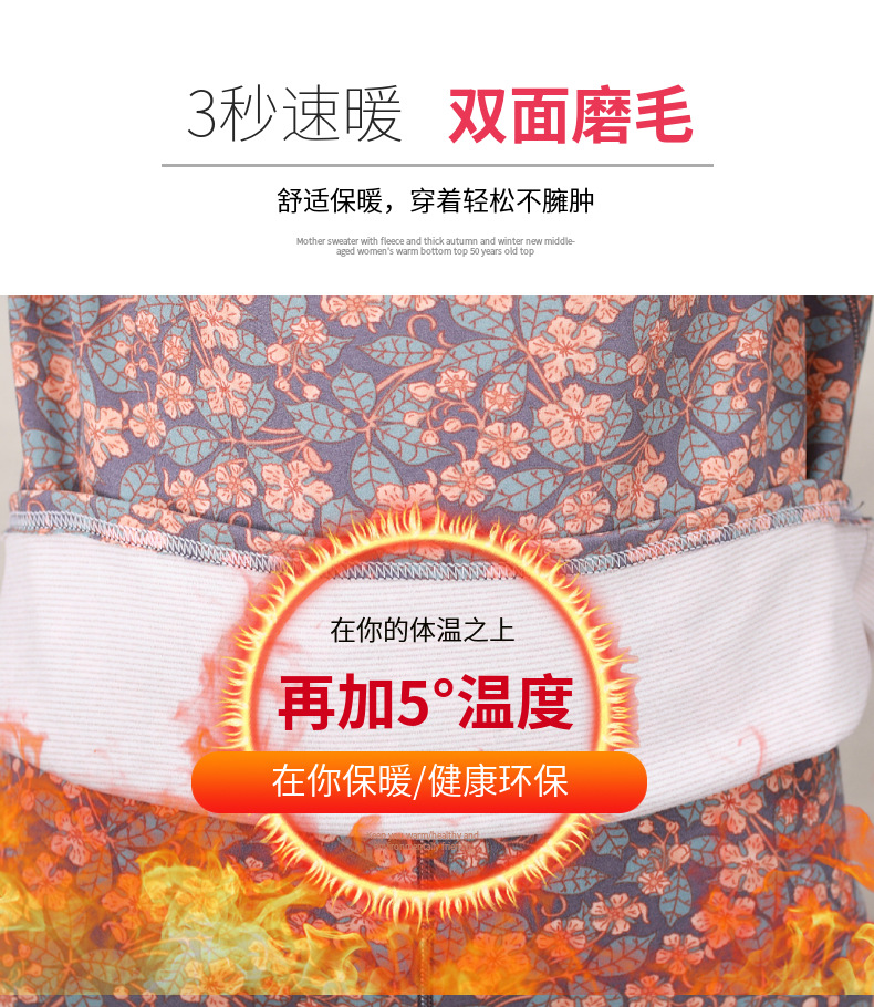 中老年大码印花徳绒保暖套装女士半高领宽松秋冬加绒妈妈装批发详情3