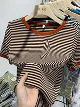 欧货条纹T恤女2022夏季新款设计感小众圆领百搭螺纹短袖上衣ins潮