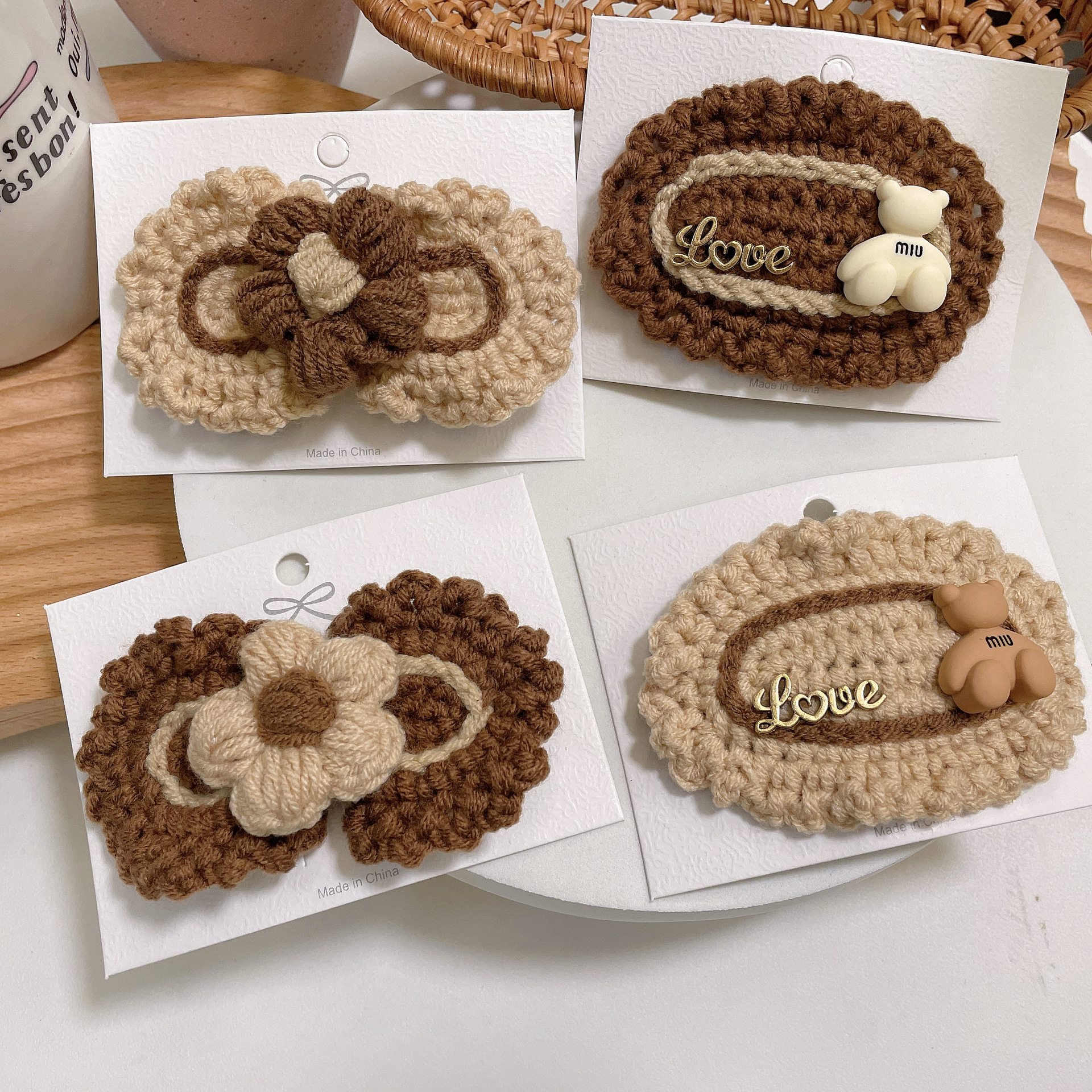 网红秋冬新款手工编织毛线花朵边夹发夹可爱少女刘海夹精品店发饰