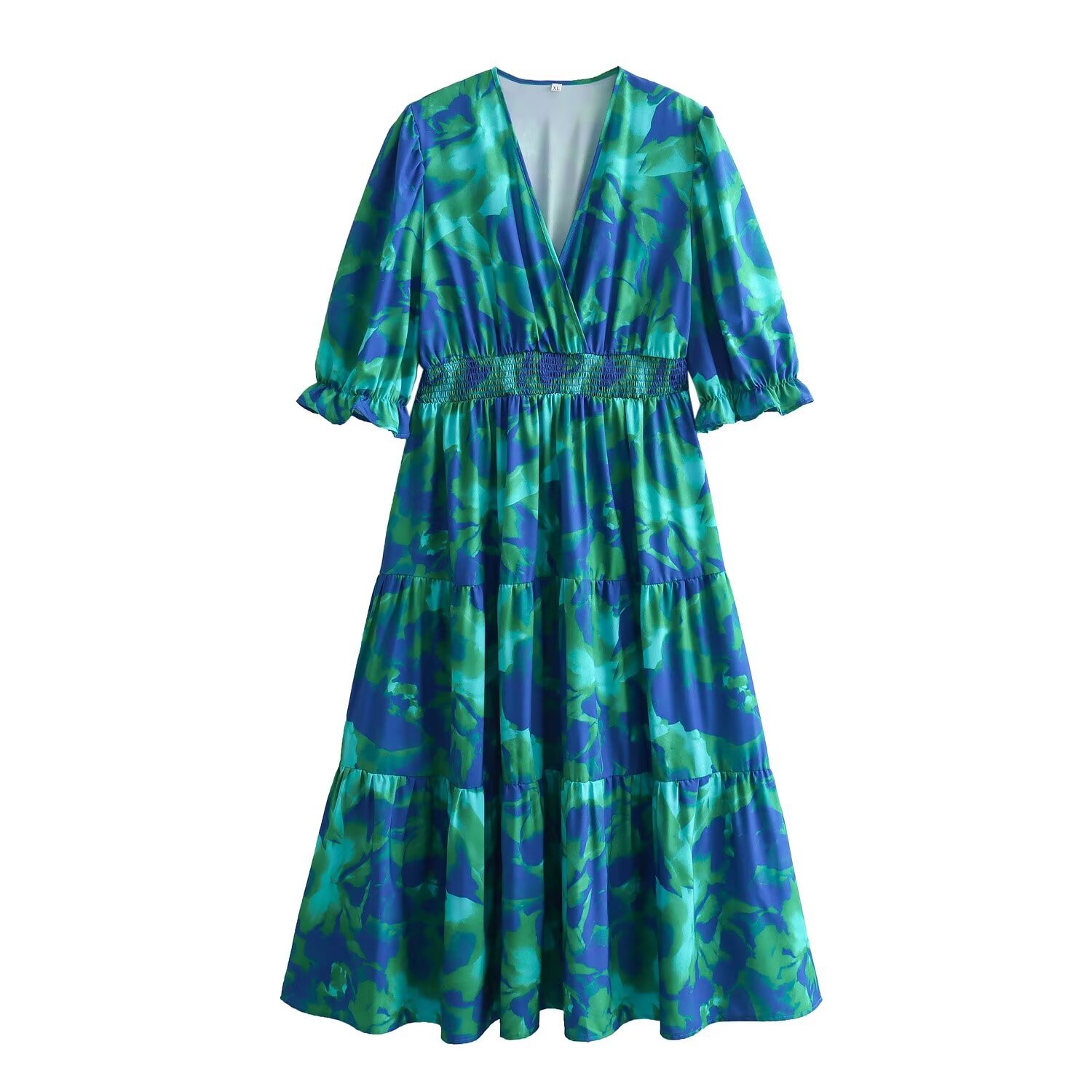 2024春wish亚马逊ebay大码v领印花收腰连衣裙-阿里巴巴