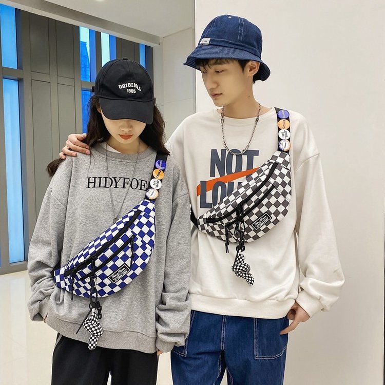 Black and White Plaid Ins Labeling Harajuku Fan Car Men's and Women's Chest Bag 2022 Japanese and Korean Casual Shoulder Messenger Bag