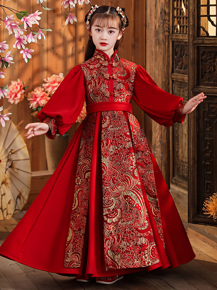 女童冬装汉服唐装儿童过年拜年服新年装加厚小女孩衣服红色春季