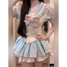 夏季新款韩版甜美海军领泡泡袖蝴蝶结上衣+高腰蓬蓬蛋糕字半身裙