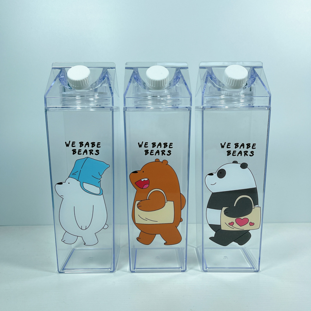 New Products in Stock 1000mlps Milk Cup Bear Printing Milk Cup Large Capacity out Square Plastic Cup