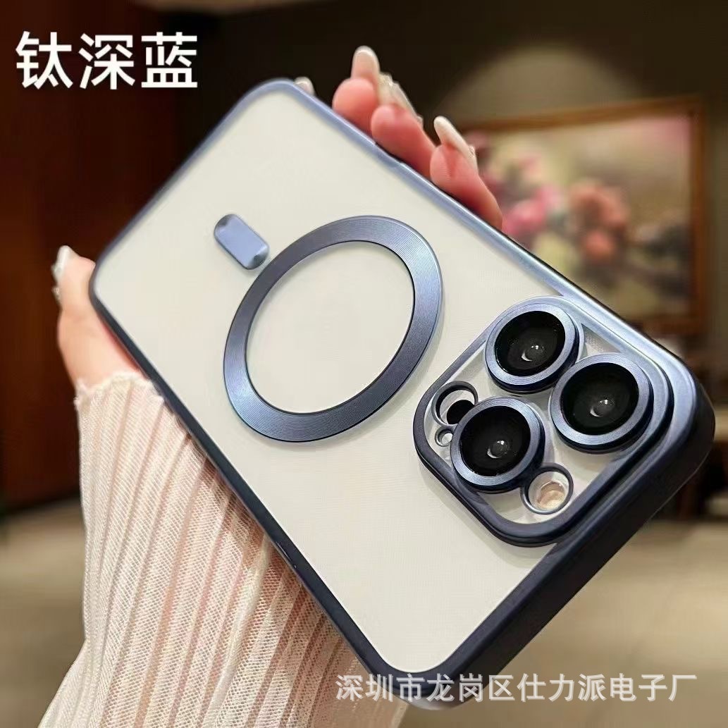 适用iphone15promax电镀磁吸无线充手机壳苹果14plus哑光镜头膜13