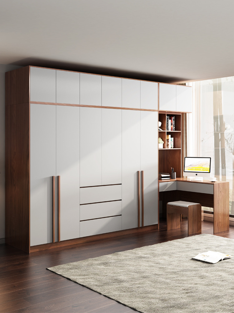 现代简约衣柜转角书桌书架一体组合北欧家用卧室实木质衣橱电脑桌