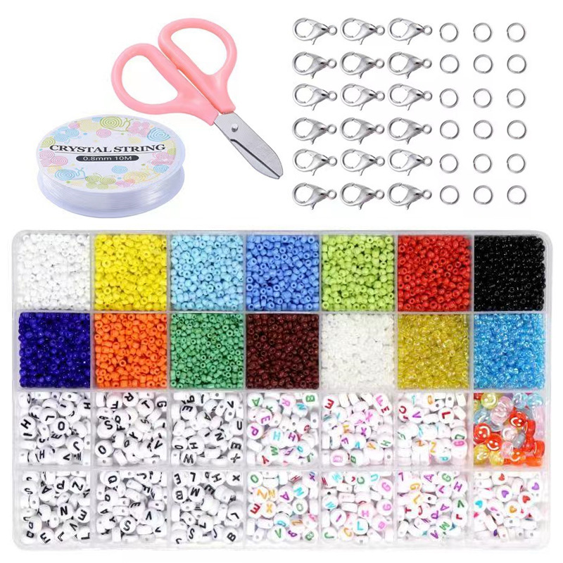 DIY Beaded 28 Grid Box Kit Solid Color Paint Micro Glass Bead DIY Bracelet Necklace Accessories Color Small Rice-Shaped Beads