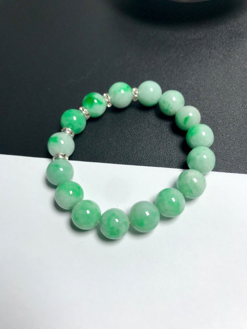 天然缅甸翡翠a货老坑糯种白底青飘阳绿珠子手串女士珠子卡11mm