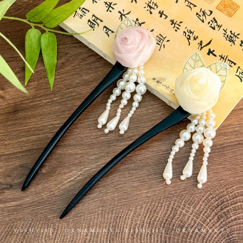 古风网纱玫瑰花朵发簪女新中式流苏珍珠发钗汉服旗袍头花簪子头饰
