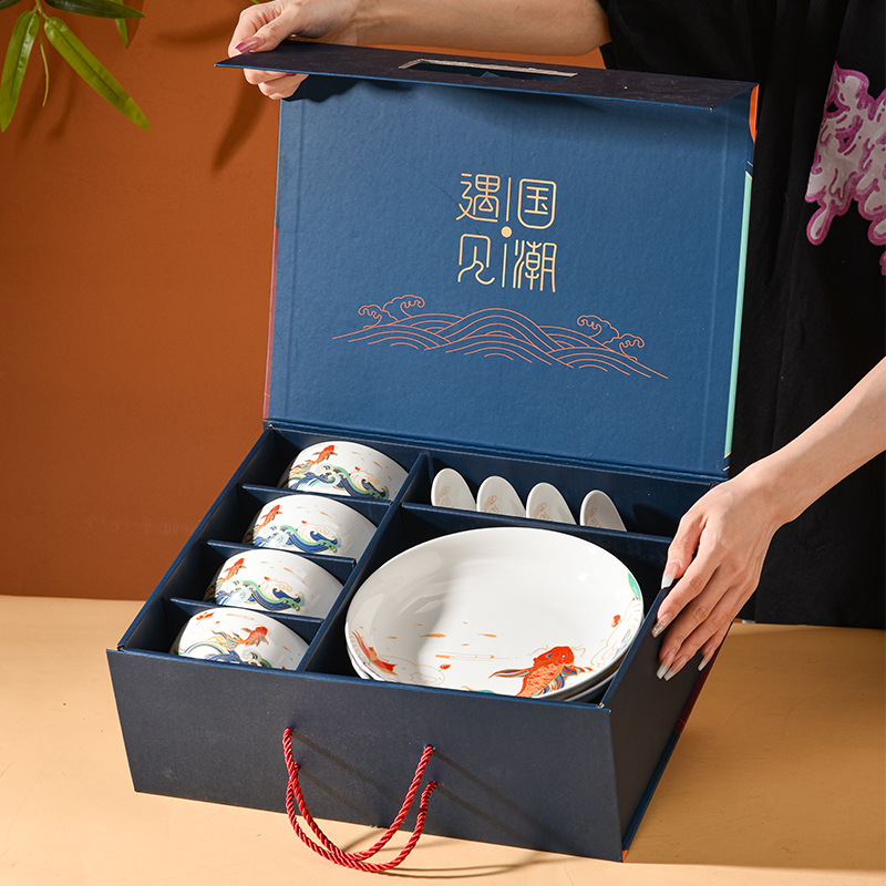 National Fashion Ceramic Tableware Dishware Set Fish Yue Longmen Bone China Bowl and Chopsticks Gift Box for Opening Ceremony