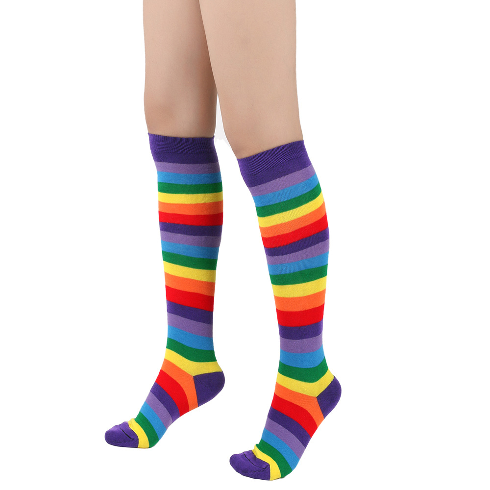 Cross-Border Rainbow Striped Mid-Calf Length Socks Women's Knee Length Socks below the Knee Cotton Socks Copsplay Performance Socks Party Calf Socks