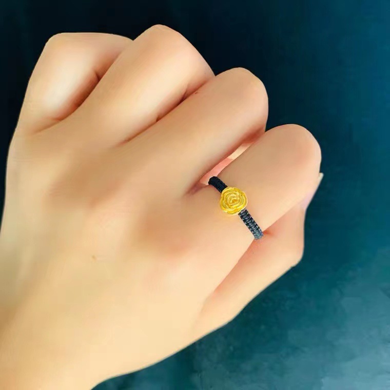 3d硬金黄金红绳戒指玫瑰花999足金转运珠编织指环纯金幸运珠礼物
