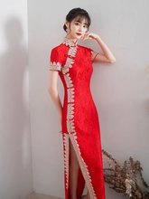 新款夏季红色回娘家旗袍短袖和7分袖花边显瘦旗袍蕾丝大红色旗袍
