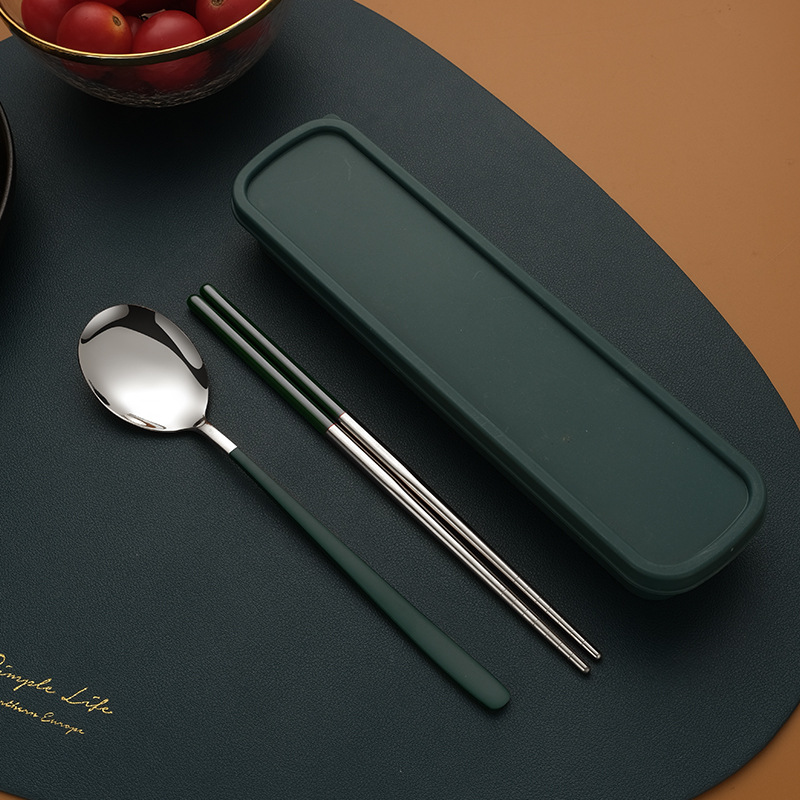 Stainless Steel Chopsticks Spoon Tableware Set Single Portable Storage Box Portable Cutlery Box Fork Three-Piece Set