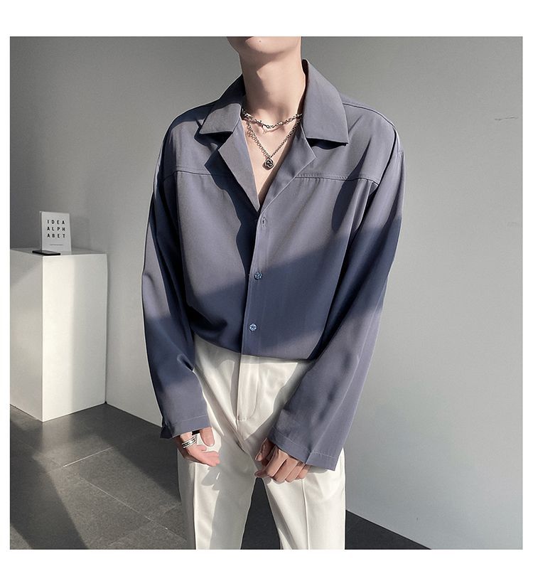 ins轻熟风男士宽松落肩西装领衬衫免烫垂感衬衣灰cs02