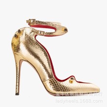跨境金色蛇纹时装凉鞋金属扣细跟搭扣外贸高跟鞋woman heels女鞋