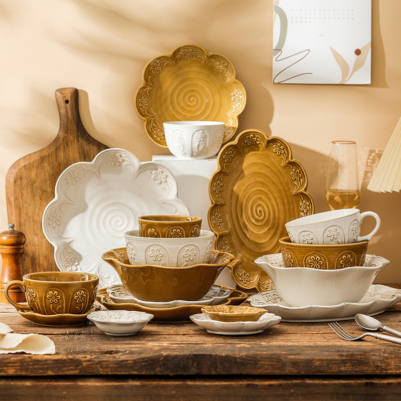 Japanese-Style Kiln Baked Creative Tableware Household Plate Ceramic Bowl Flower Blooming Half Summer Practical Plate Wholesale Bowl Dish Tableware