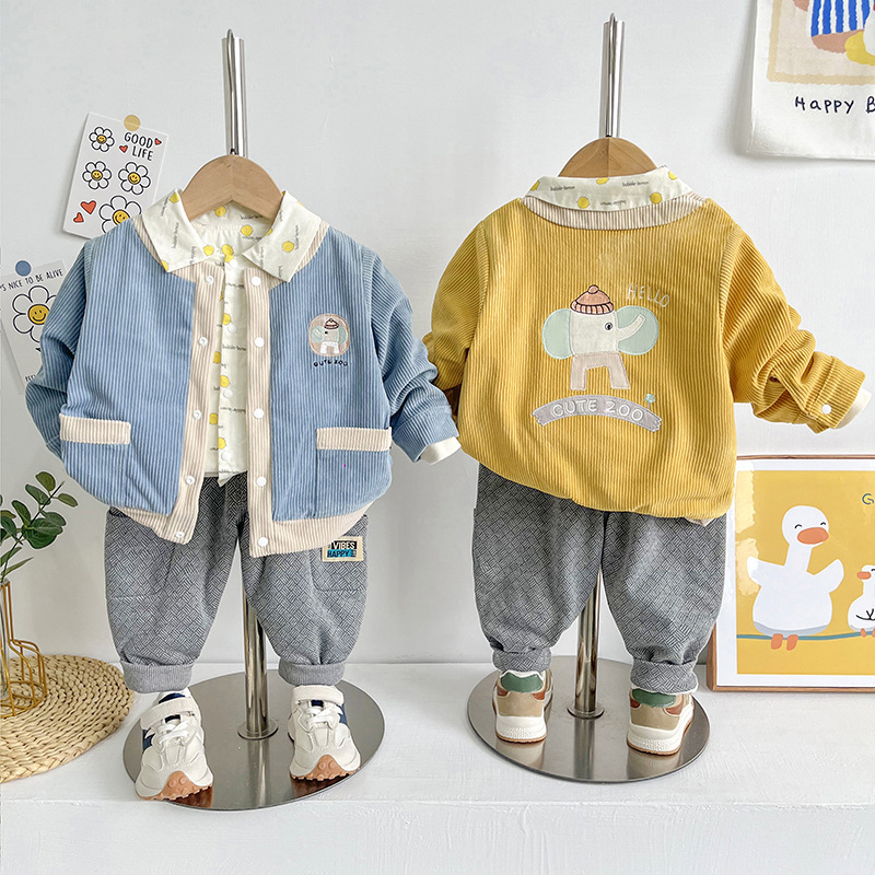宝宝薄棉三件套春秋款 儿童外出服 绅士婴儿衣服衬衣宝宝外套长裤