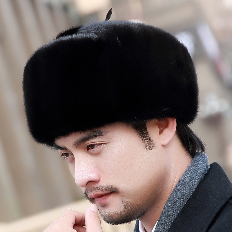 整皮水貂皮帽子男中老年男士冬季裘皮水貂皮男帽护耳老人雷锋帽男