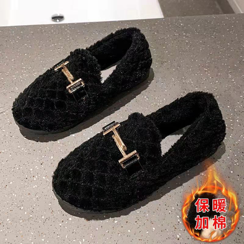 Winter New Tods Shoes Fleece-lined Thick Women's Fluffy Shoes Fashion Velvet Padded Fleece-lined Student Shoes Slip-on Flat Bottom Lazy Shoes