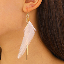 跨境新款羽毛耳环女 复古时尚创意设计长款链条流苏耳坠欧美耳饰