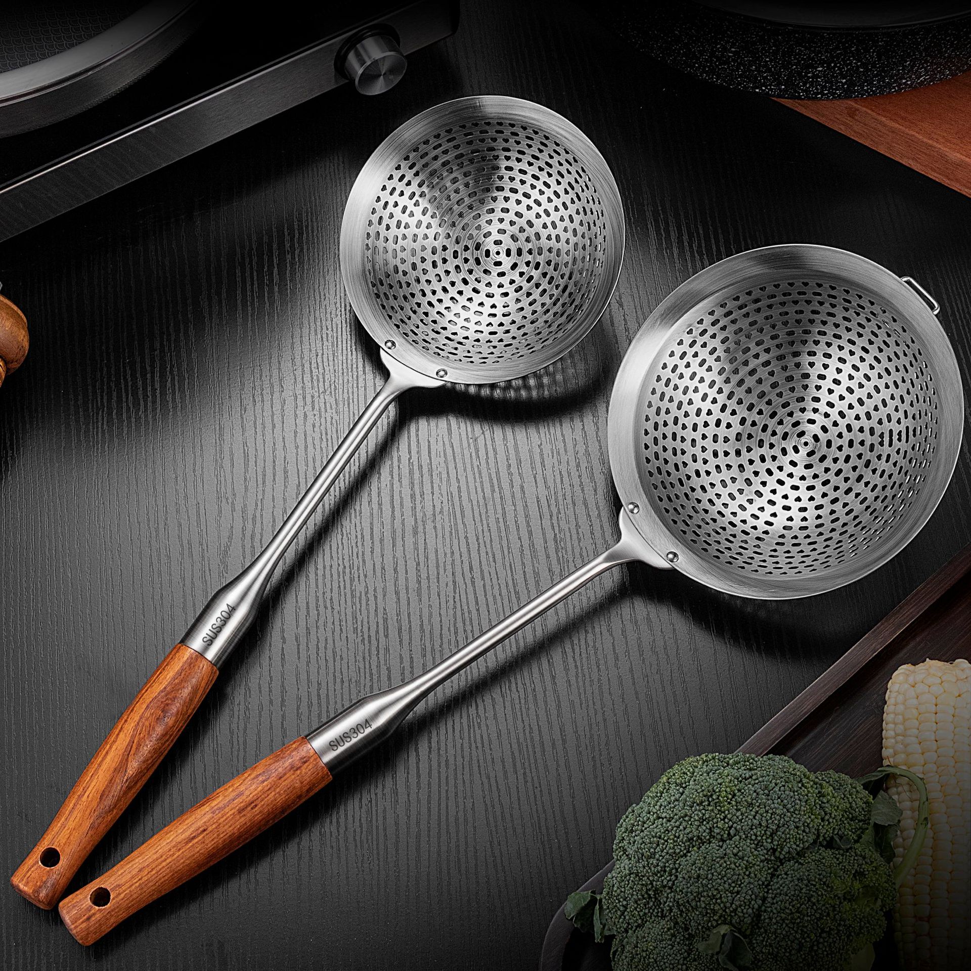 304不锈钢漏勺花梨木漏勺大号过滤勺加厚过滤网网漏笊篱沥油勺