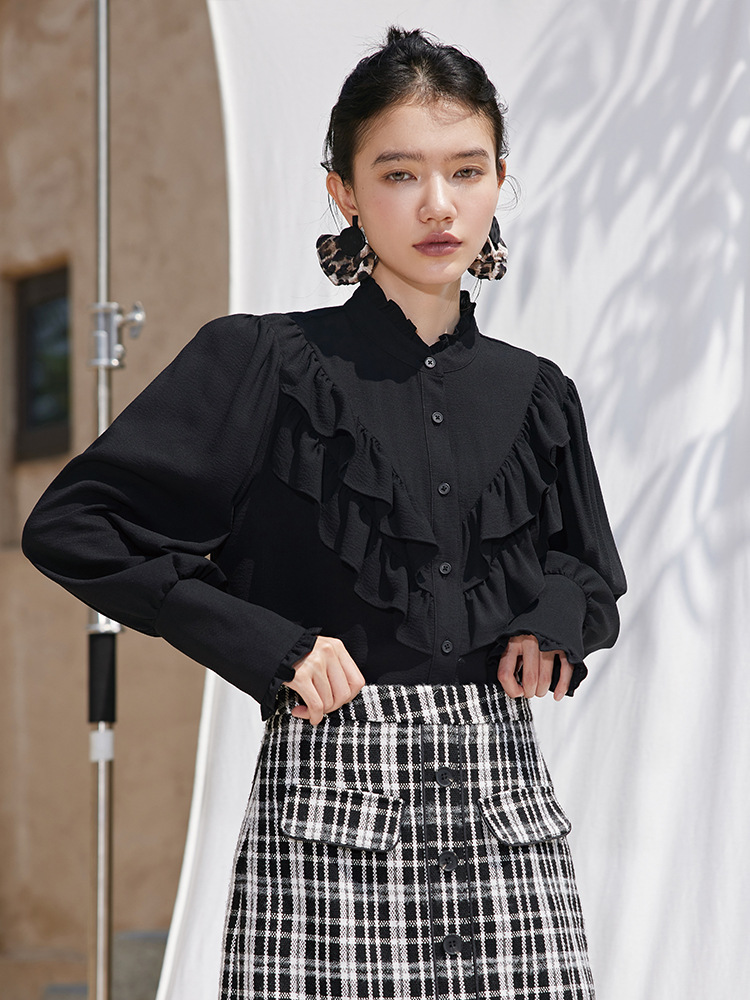 安素尚2022春季新款 时尚简约小立领设计显瘦长袖衬衫86193