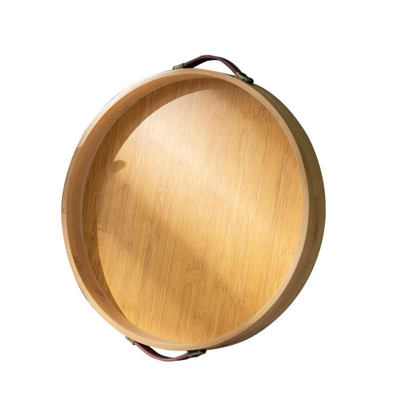 bamboo tray creative leather handle round tea tray household hotel famous tea set small tea tray