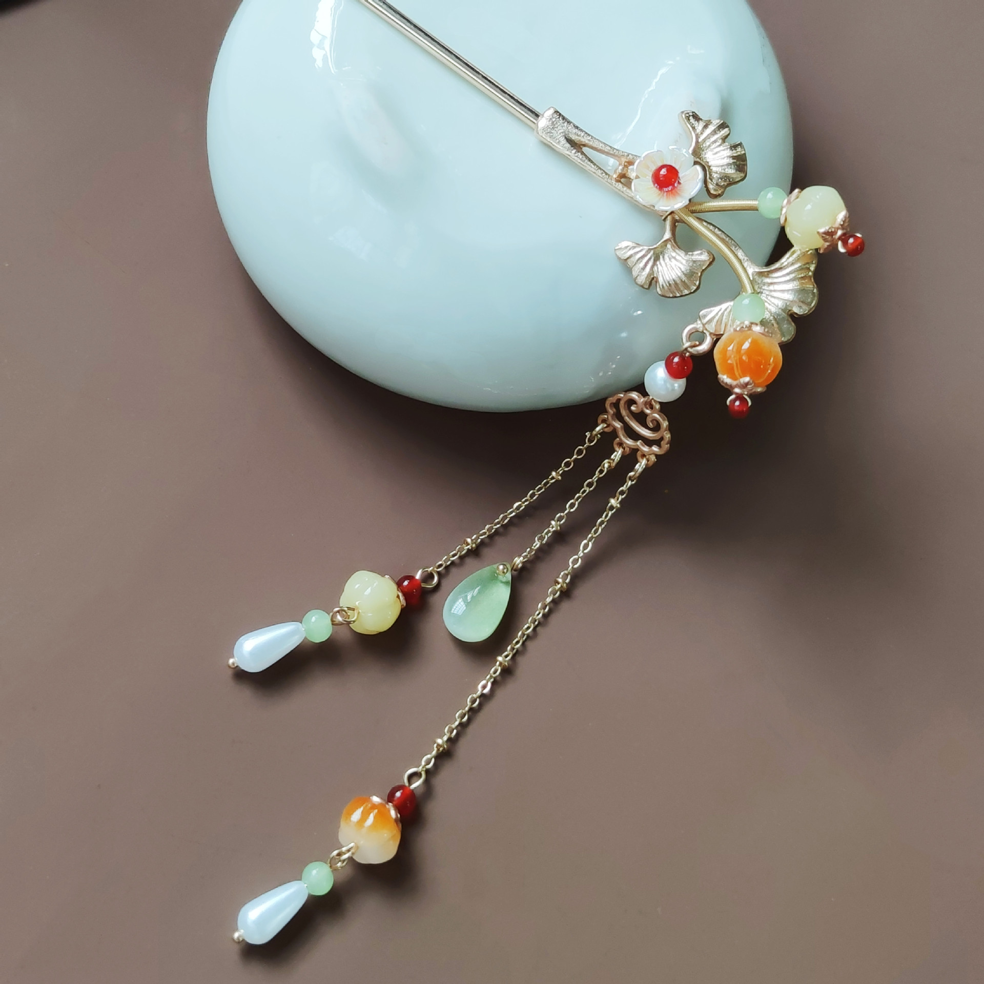 手工制作汉服发簪古风中国风头饰古装配饰合金流苏发簪简约银杏