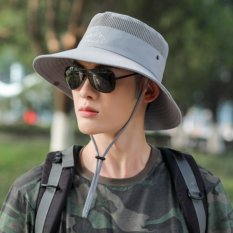 男士网眼帽子夏季户外防晒徒步钓鱼登山渔夫帽大檐折叠奔尼训练帽