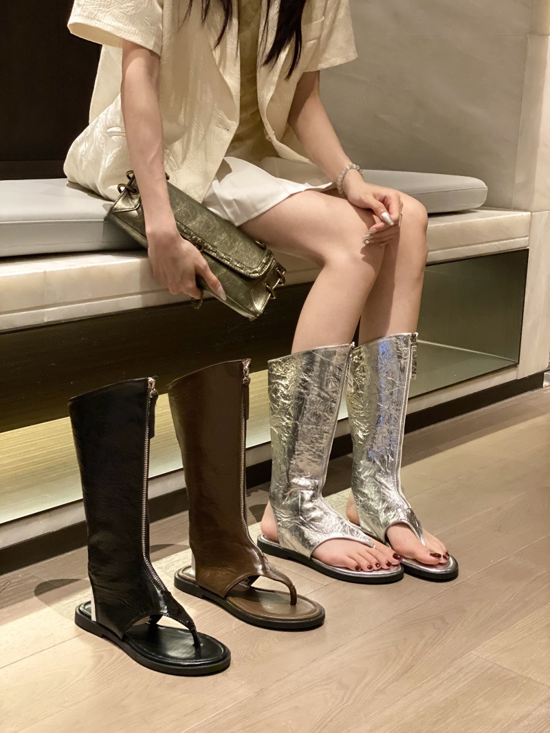 2024春秋新款韩版夹趾人字凉鞋女厚底平跟长筒凉靴时髦前拉链