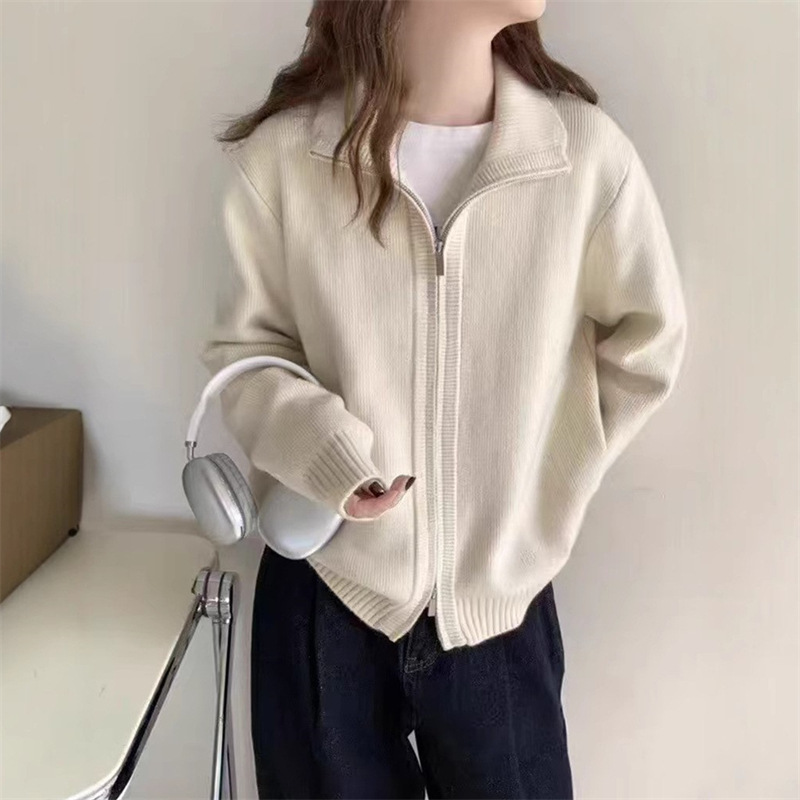 时尚双拉链针织开衫女秋冬新款日系宽松简约翻领毛衣外套慵懒上衣