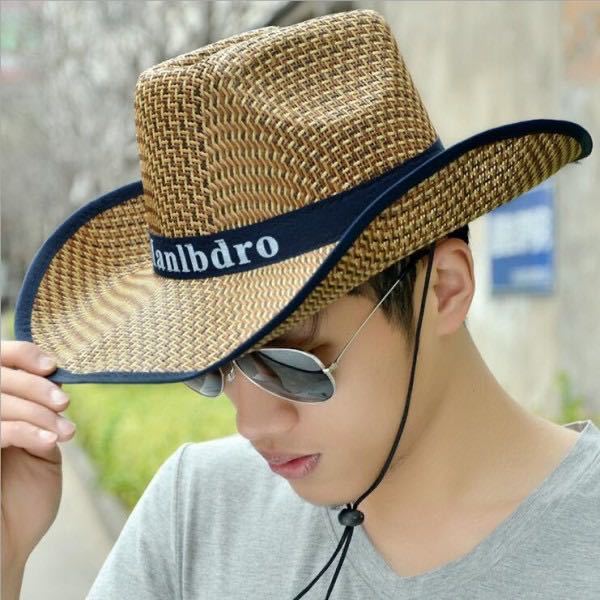 Sun Protection for Men and Women Straw Woven Cowboy Hat Summer Straw Hat Western Cowboy Hat Letter Top Hat Breathable Beach Hat