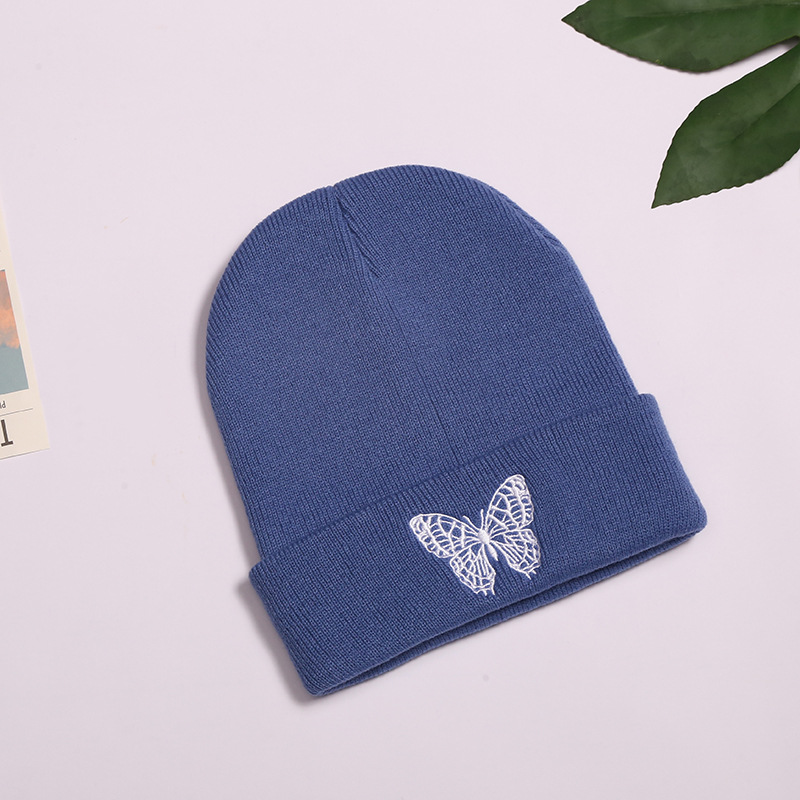 Spring, Autumn and Winter New English Text Knitted Hat Embroidery Warm Fashion Sleeve Cap Solid Color Trend Butterfly Woolen Cap