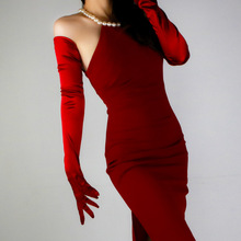 丝绸手套 70cm弹性丝光珠光仿真丝绸缎面超长款礼服酒红色深红色