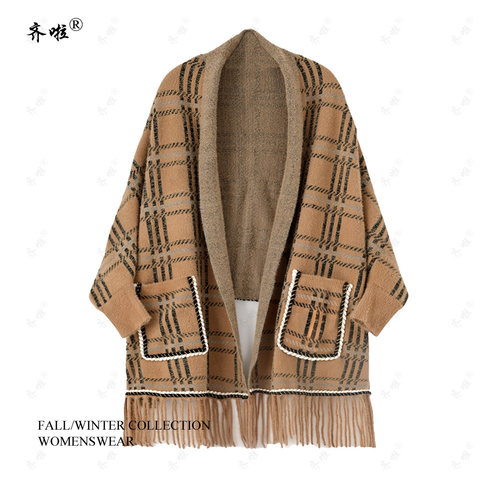 秋冬新款大码仿貂绒加厚格子斗篷针织带袖披肩百搭旗袍流苏围巾女