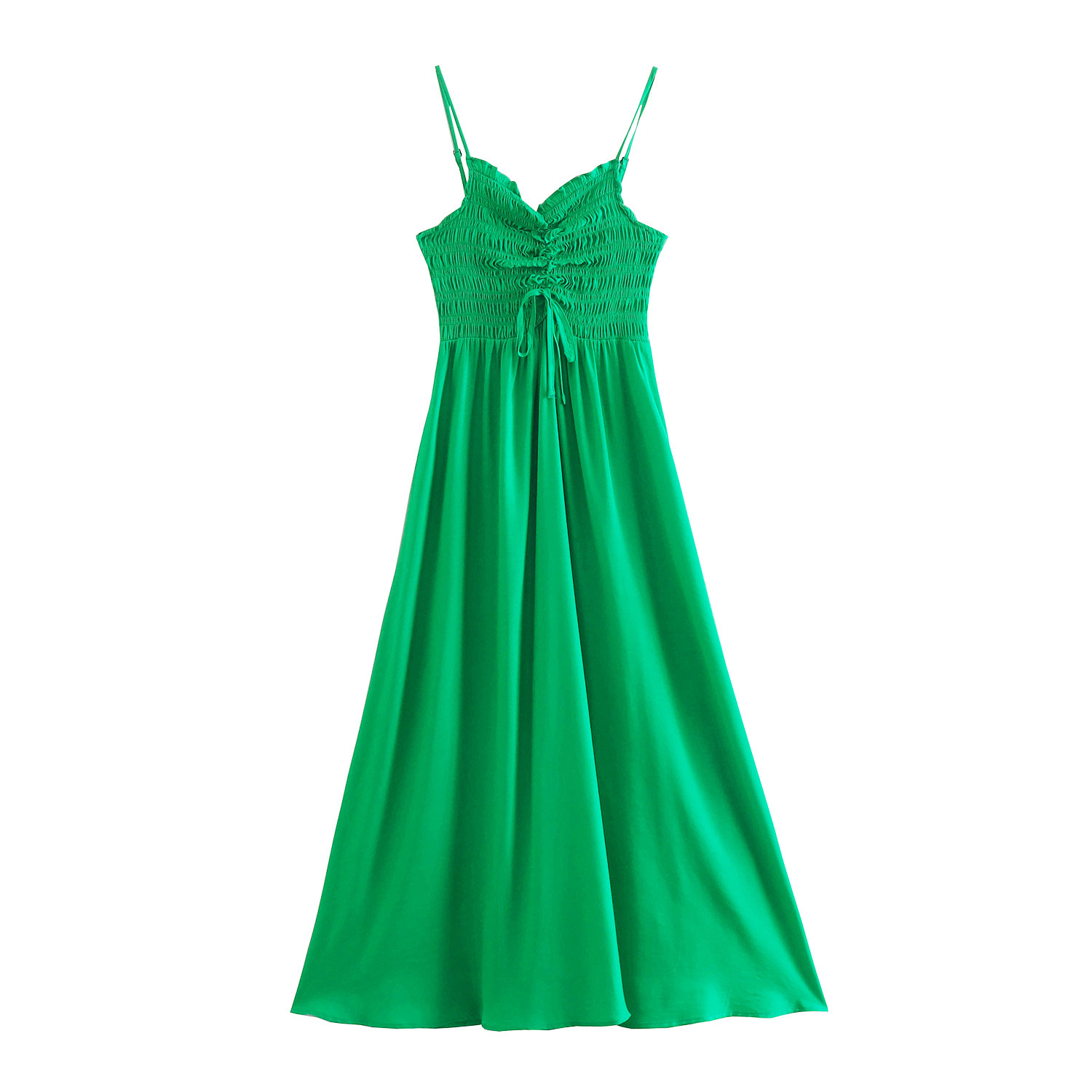 外贸2022欧美春季新款女装时尚休闲纯色绿色吊带连衣裙长裙8349