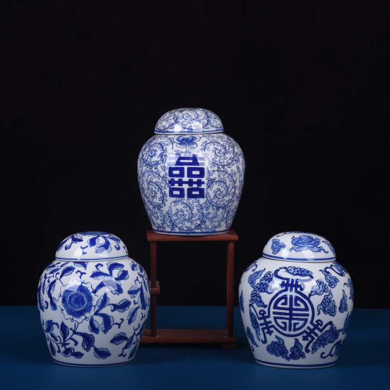 新中式古典青花瓷小号双喜字罐陶瓷储物罐摆件家居玄关酒柜装饰品