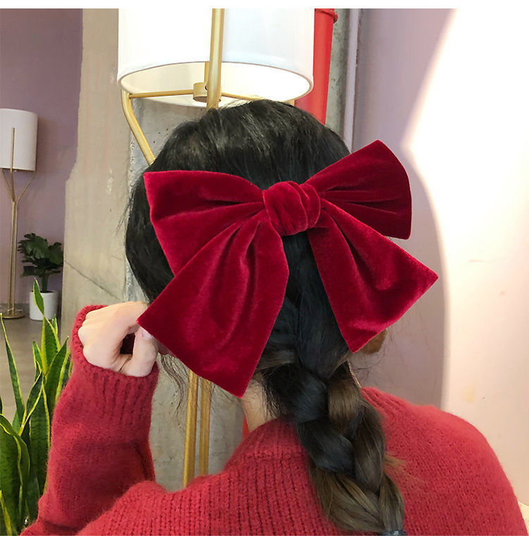 敬酒服头饰复古发夹红丝绒质感蝴蝶结韩版学生气质双马尾红色款