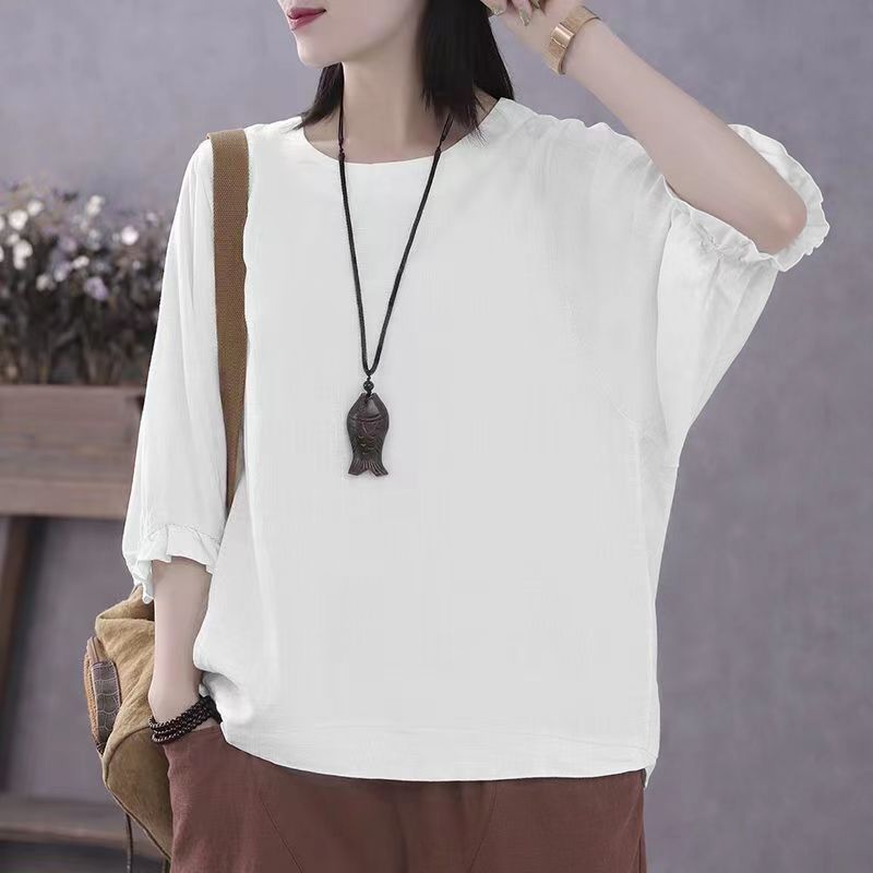 2024 New Batwing Sleeve Loose plus Size Mom's T-shirt Top Summer Tummy Hiding Slimming Short Sleeves Lantern Sleeve