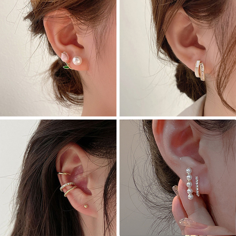 Light Luxury Pearl Double-Layer Earrings Combination Silver Needle High-Grade Diamond-Embedded Ear Clip Niche Earrings Temperament Female Simple Earrings