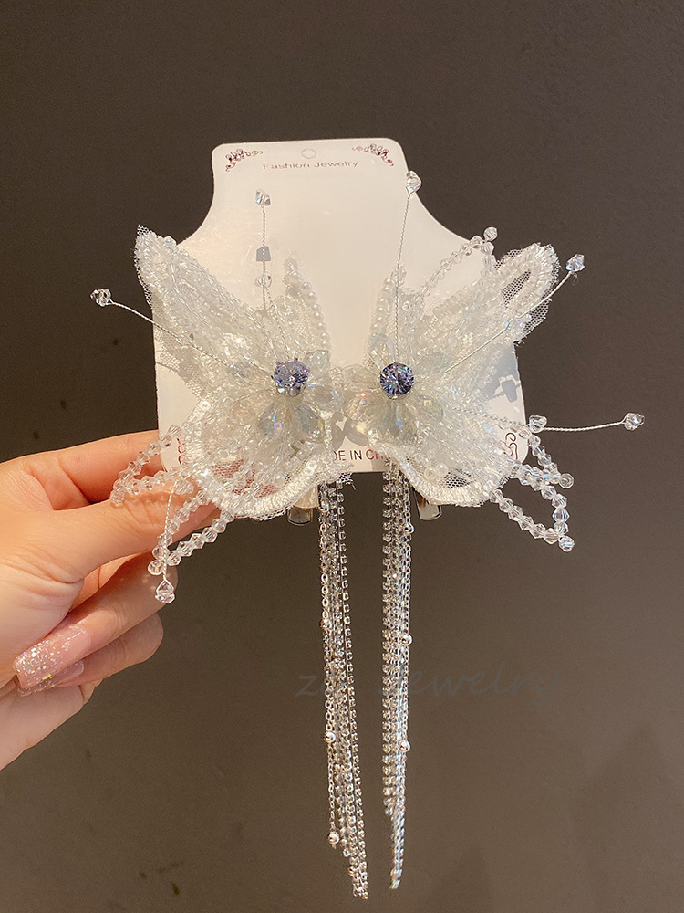 超仙蝴蝶结水晶超仙流苏发夹女高级感蕾丝侧边对夹新娘拍摄发饰