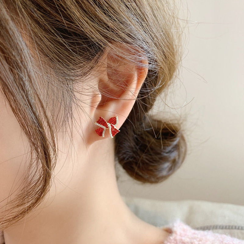 South Korea Temperament New Year Red Red Bow Stud Earrings Girl Sterling Silver Needle All-Match Earrings Female Small and Exquisite Earrings