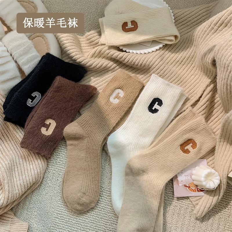 socks big c letter socks women‘s autumn and winter mid-calf korean cashmere thickened warm pile stockings women‘s wool socks