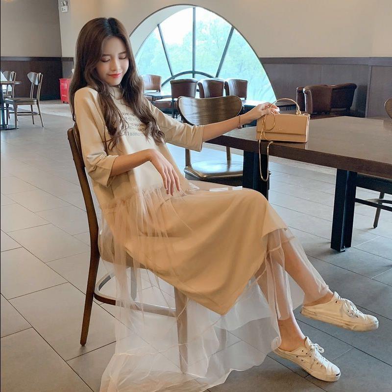 法式桔梗复古超仙女过膝长裙法国小众假两件夏装网纱拼接连衣裙子