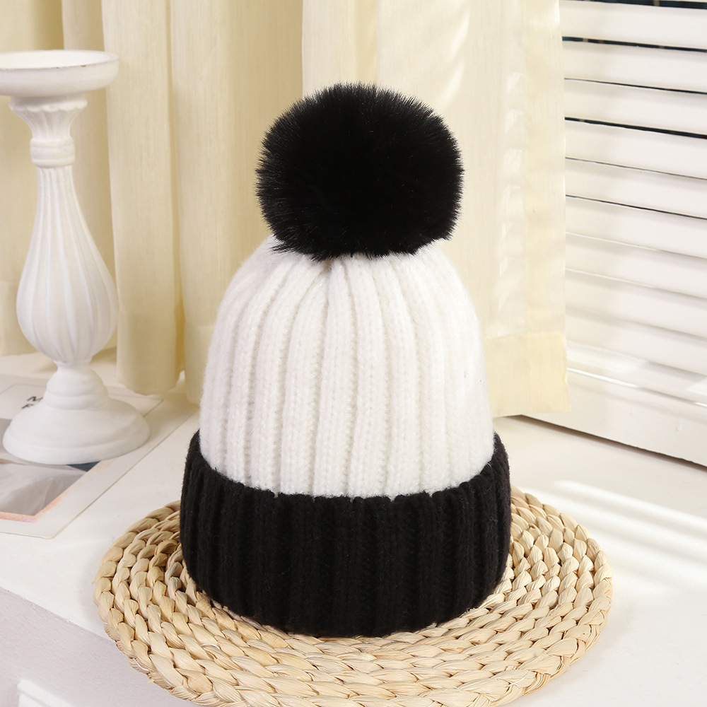 Korean Ins Style Color Matching Fashion Knitted Hat Women's Autumn and Winter Sweet Fluffy Ball Cap plus Velvet Warm Woolen Hat