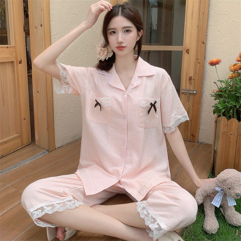 夏季云朵棉睡衣女甜美清新蕾丝花边短袖七分裤套装休闲舒适家居服